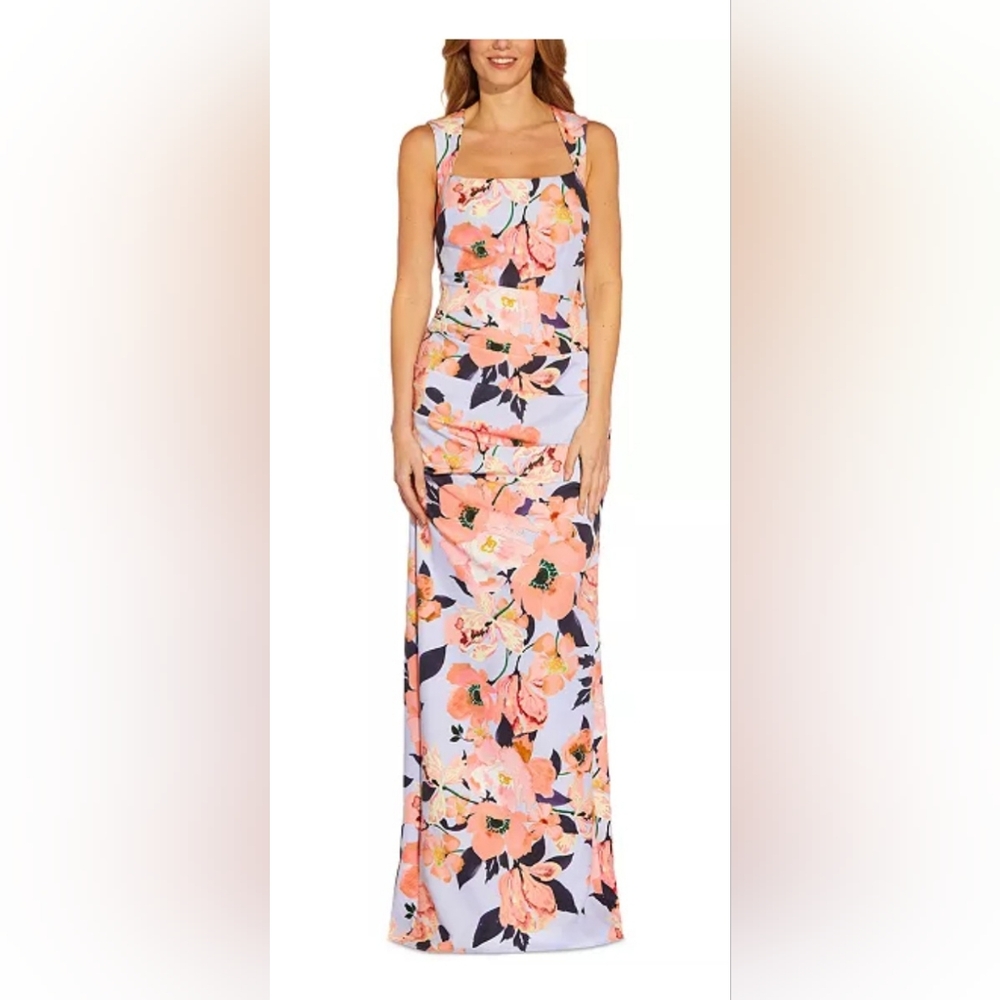 Adrianna Papell Square-Neck Floral-Print  Gown